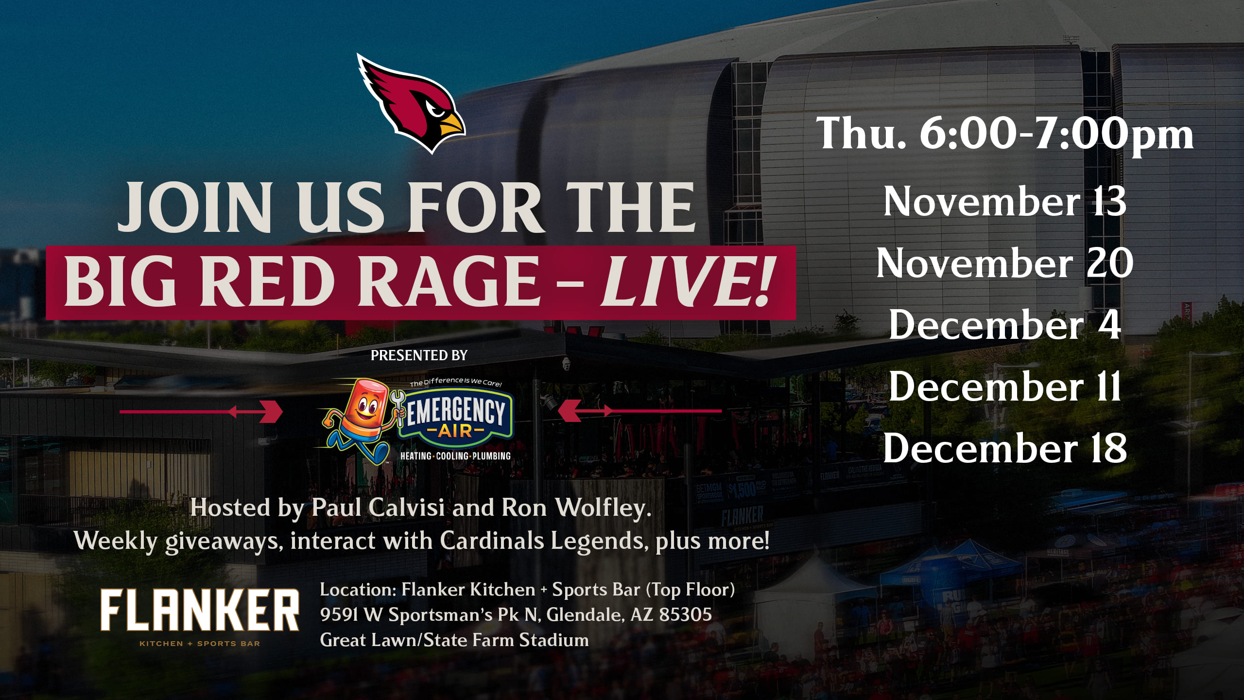 Event flyer promoting "Big Red Rage – Live!" at Flanker Kitchen + Sports Bar in Glendale, Arizona, with Arizona Cardinals logo and event dates listed from November to December.